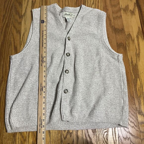 Vtg Eddie Bauer Vest Men Lg Tan Cream Cardigan Waffle Knit Tweed Grandpa Sweater - Picture 5 of 6